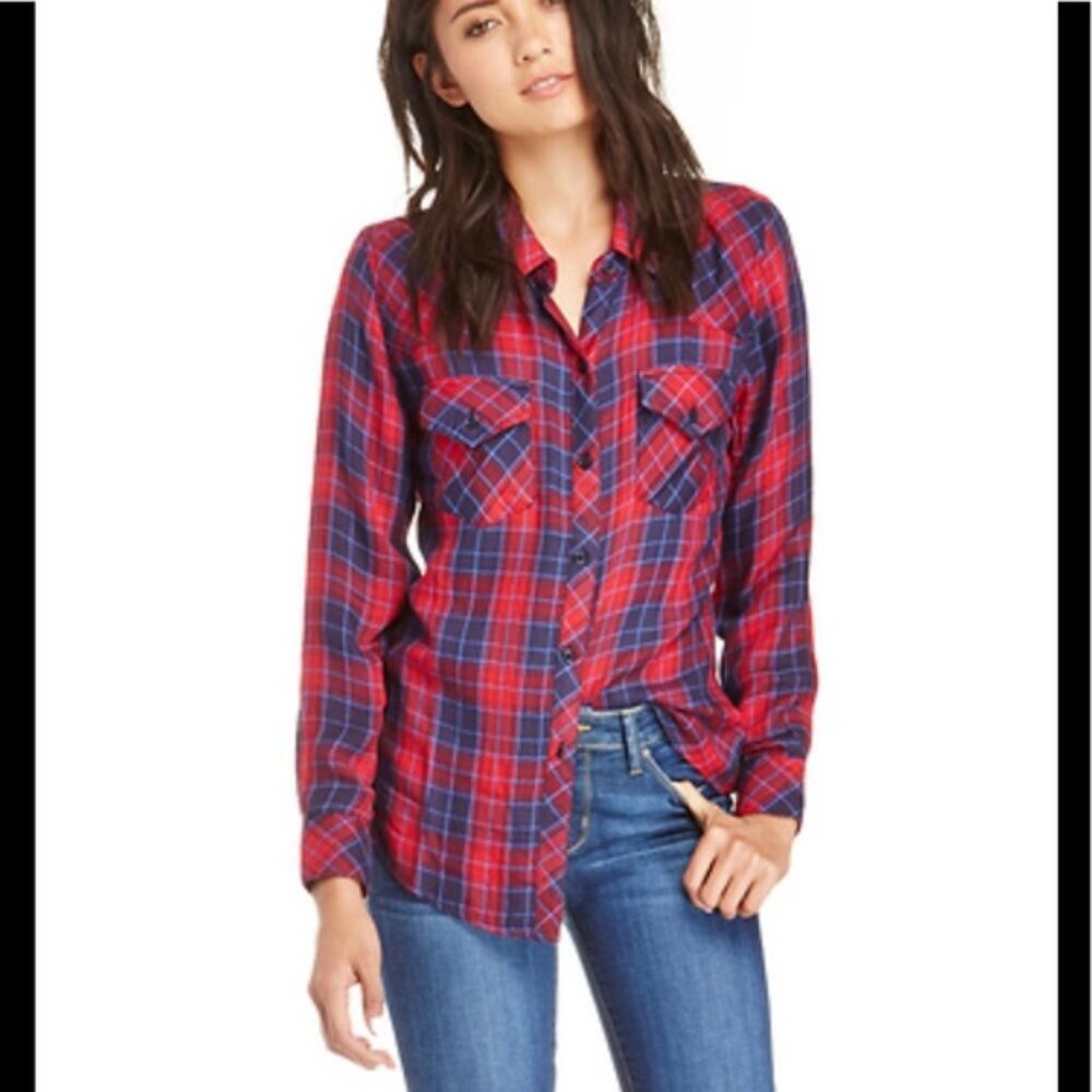 RAILS Kendra Plaid Shirt Button Up Top Pockets Red Blue Check Soft Luxury Pocket